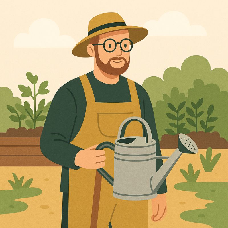 Záhradkár pri vyvýšenom záhone v udržiavanej prírodnej záhrade – ilustrácia kategórie