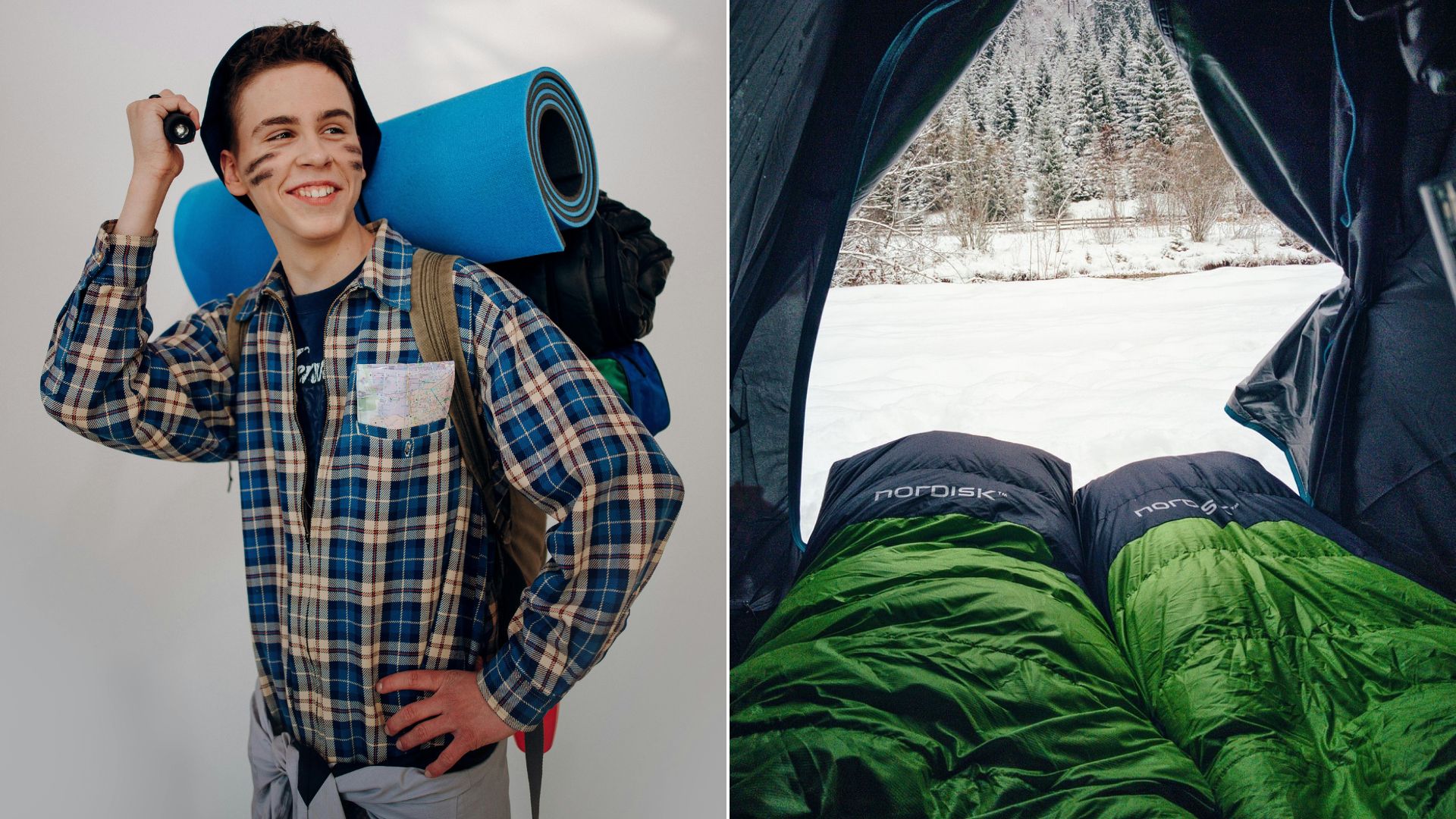 ilustrácia turistu s batohom a karimatkou a stan s dvomi spacákmi